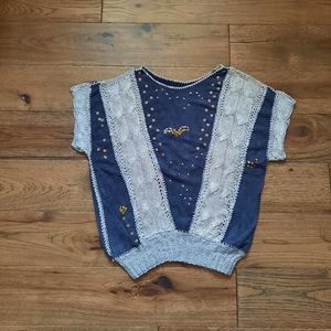 Unique Vintage Crochet Knit and Faux Suede Embellished Short Sleeve Top